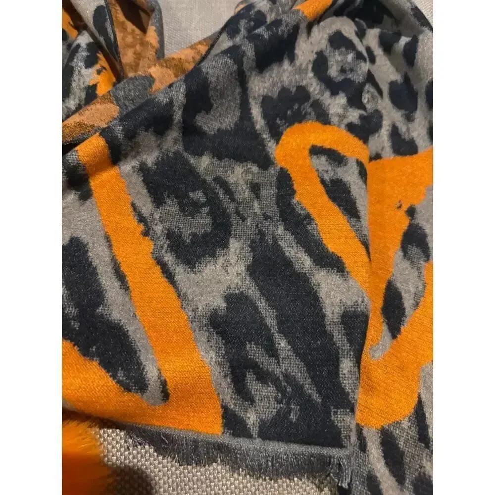 LaBelle Furs Wide Woven Leopard Print Heart Scarf with Fox Pom Poms